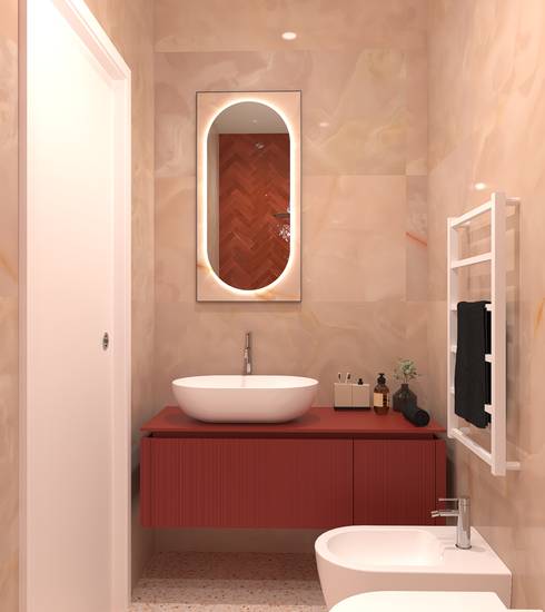 Bathroom project Brick & Chevron Resin Marble effect ROSA ROSSO CUORE GEMME ROSA color tiles