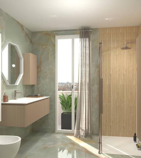 Bathroom project Wood Marble effect GOLD BOISERIE MOSAICO MENTA GOLD color tiles