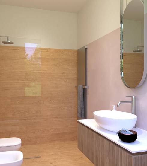 Bathroom project Wood Resin effect CIPRIA GOLD color tiles