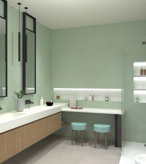 Bathroom project Brick & Chevron Decor Box Resin effect MATCHA GRIGIO ALOE DROP WHITE color tiles