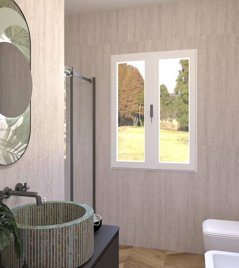 Bathroom project Brick & Chevron 3D Stone Wood effect BIANCO GROOVE BIANCO NATURAL color tiles