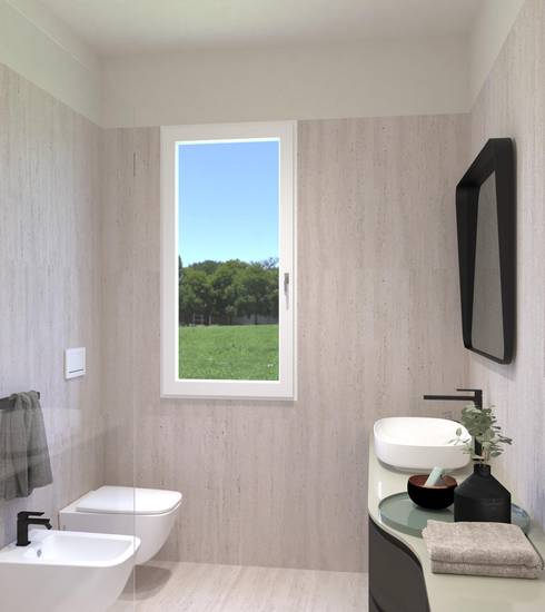 Bathroom project 3D Stone effect GROOVE BIANCO BIANCO color tiles