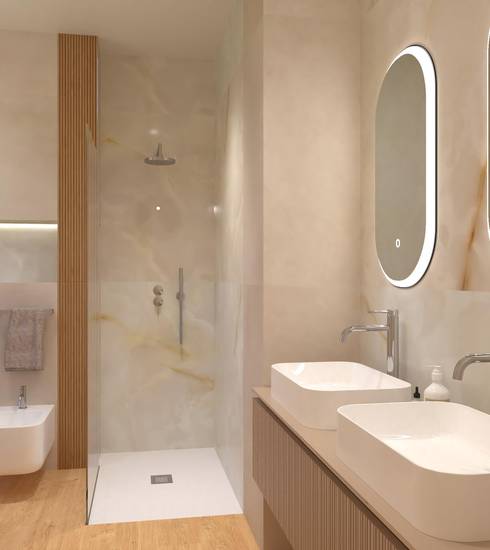 Bathroom project Marble 3D Wood Resin effect GOLD CARAMEL GROOVE OAK SABBIA BEIGE color tiles