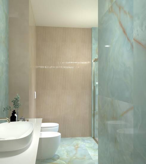 Bathroom project Marble 3D Resin effect CIELO ECRU RIFLESSI ECRU color tiles