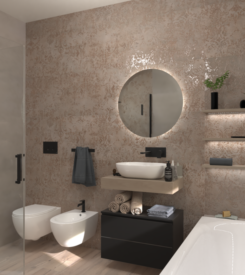 Bathroom project Wood Resin Decor Box effect DAMASC TAUPE color tiles