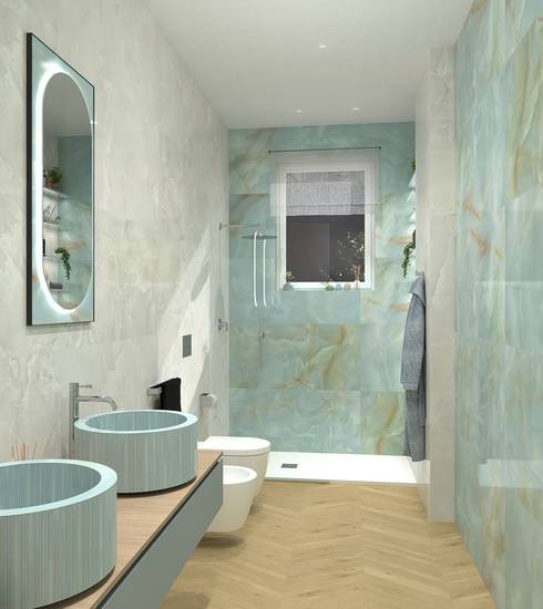 Bathroom project Wood Brick & Chevron Marble effect CIELO HONEY ONICE NEVE color tiles