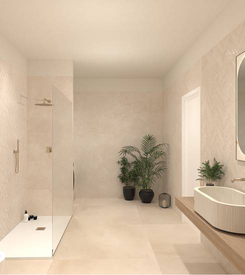 Bathroom project Resin 3D Stone Brick & Chevron effect LITIA WHITE WHITE SABBIA ROW WHITE AVORIO FOSSIL WHITE color tiles