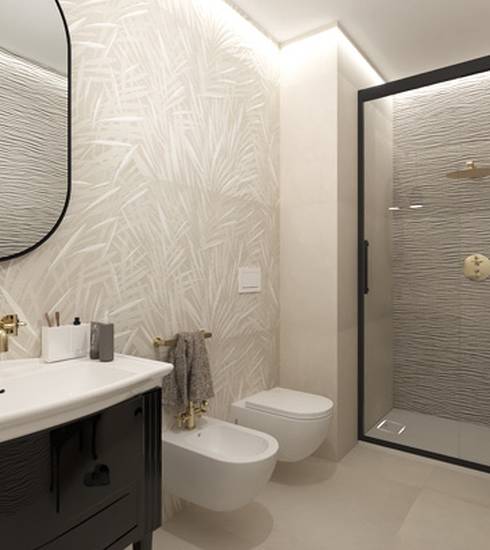 Bathroom project 3D Decor Box Pierre effect DUNE WHITE ROCK WHITE STICK WHITE WHITE DRAP WHITE LEAVES WHITE color tiles