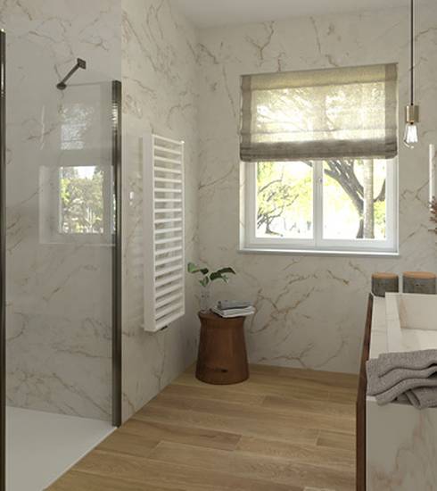 Bathroom project Marble Wood effect NATURAL CALACATTA DELICATO color tiles