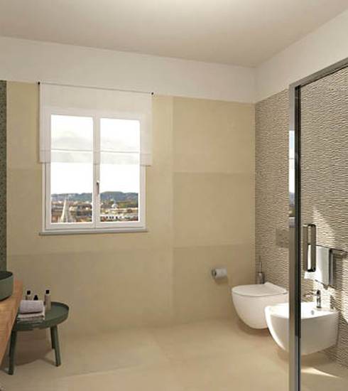 Bathroom project 3D Stone effect STICK BEIGE BEIGE DUNE BEIGE RUST DECO RUST ROUND MOSAICO DRAP BEIGE ROCK BEIGE color tiles