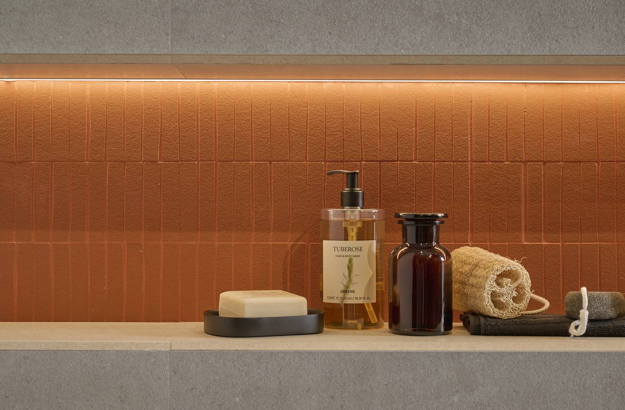 Room view Bathroom, created with tiles from the collection: MATERIA PURA wall tiles 50x120 – Grey, Other