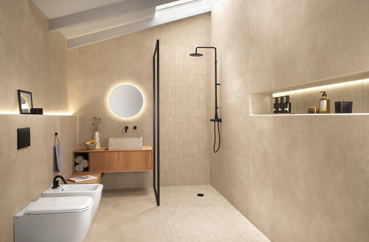 Room view Bathroom, created with tiles from the collection: NOBU – Beige