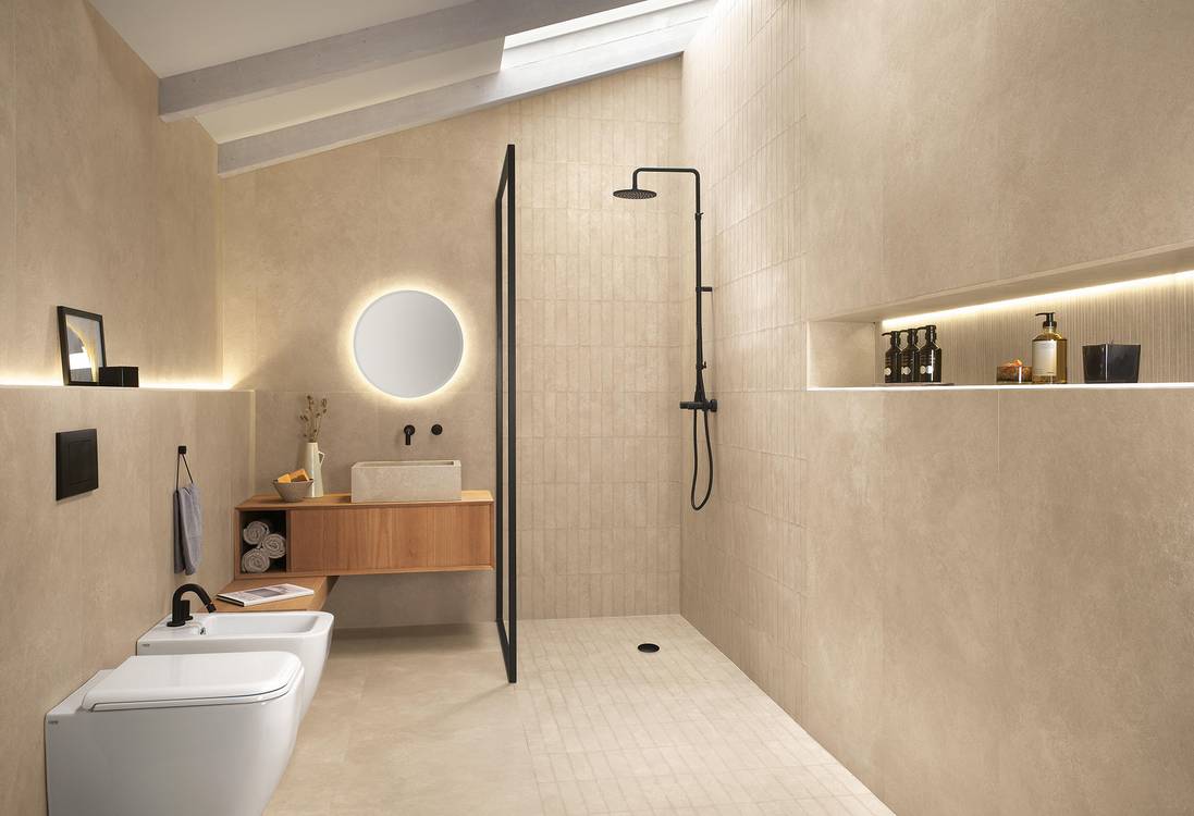 Imagen de ambiente Baño, realizada con baldosas de la colección: NOBU – BEIGE