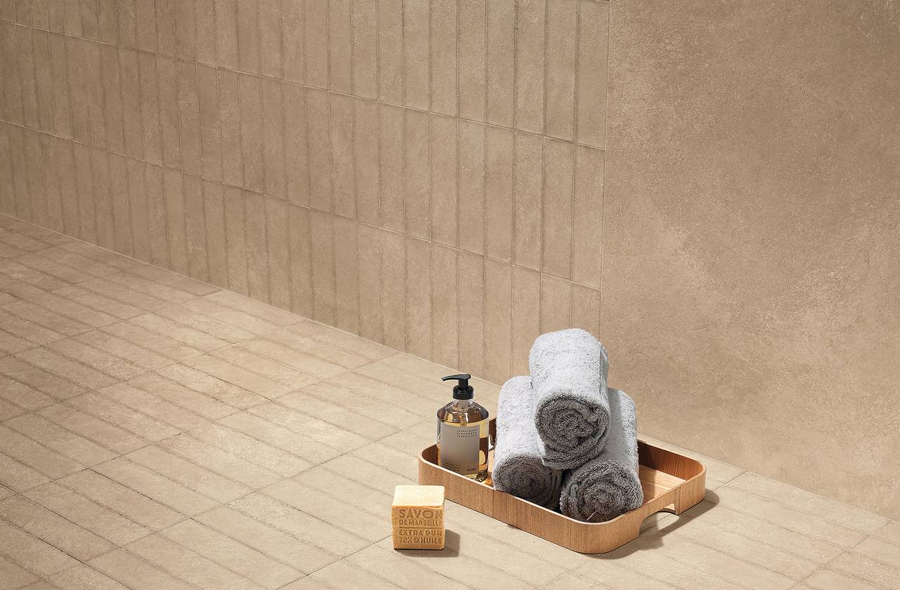 Room view Bathroom, created with tiles from the collection: NOBU – Beige
