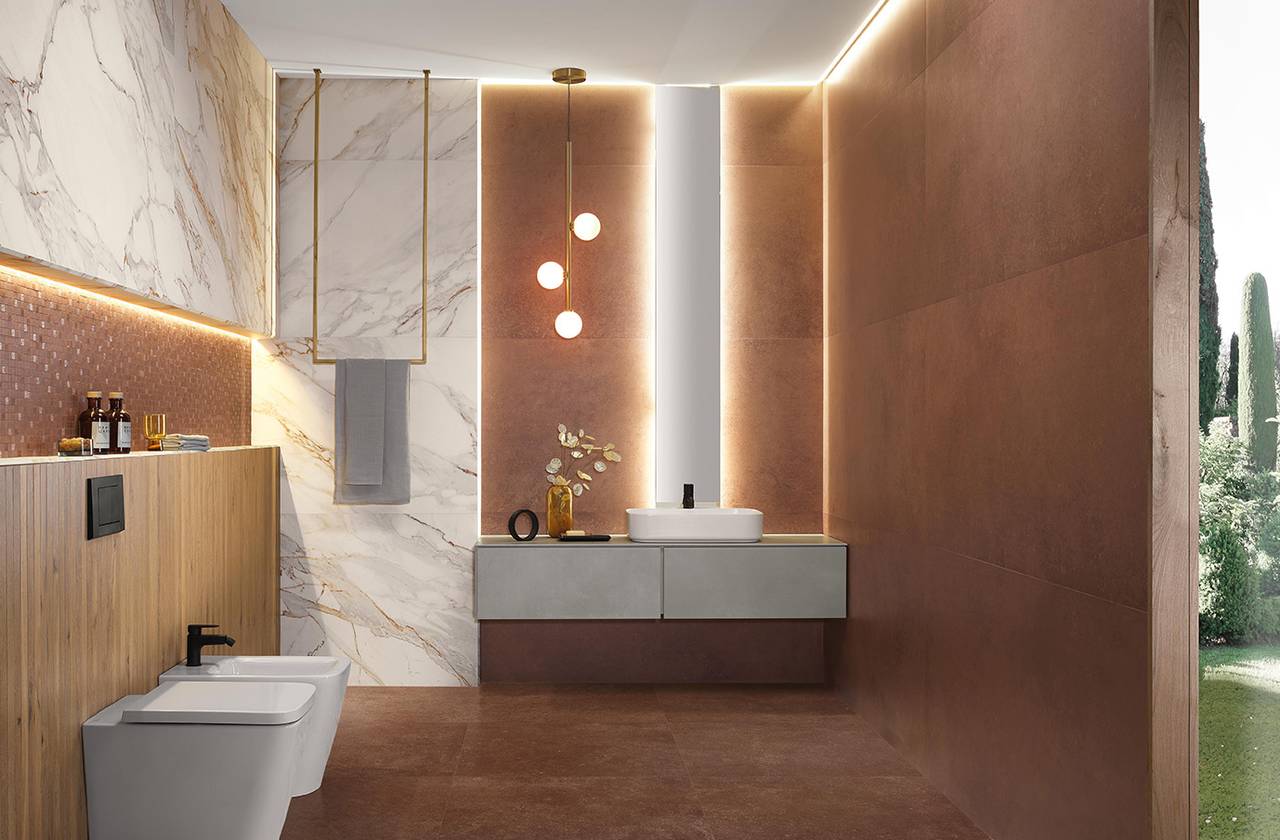 Room view Bathroom, created with tiles from the collection: OXIDE – Beige, Brown