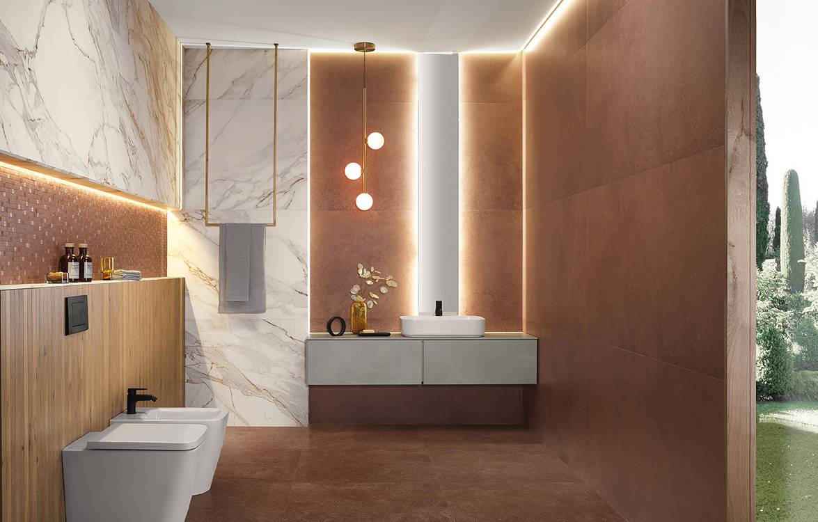 Imagen de ambiente Baño, realizada con baldosas de la colección: OXIDE – BEIGE, BROWN