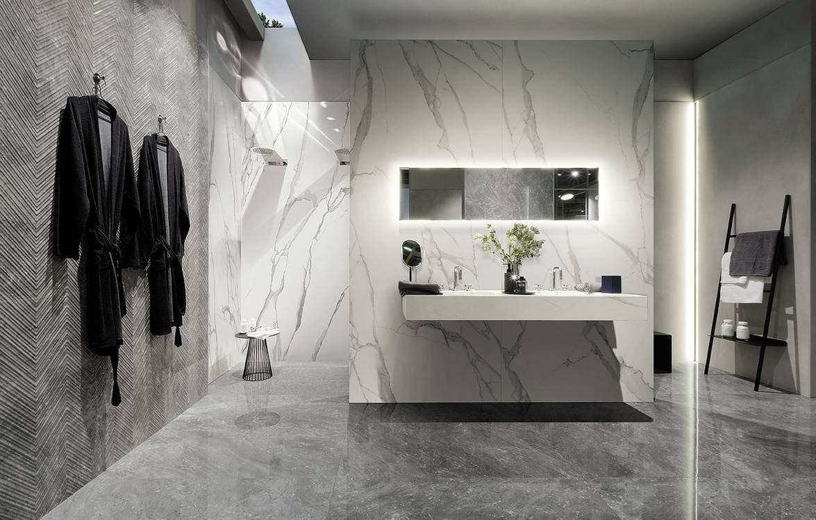 Room view , created with tiles from the collection: FAP MAXXI 120x278 – Grey, White