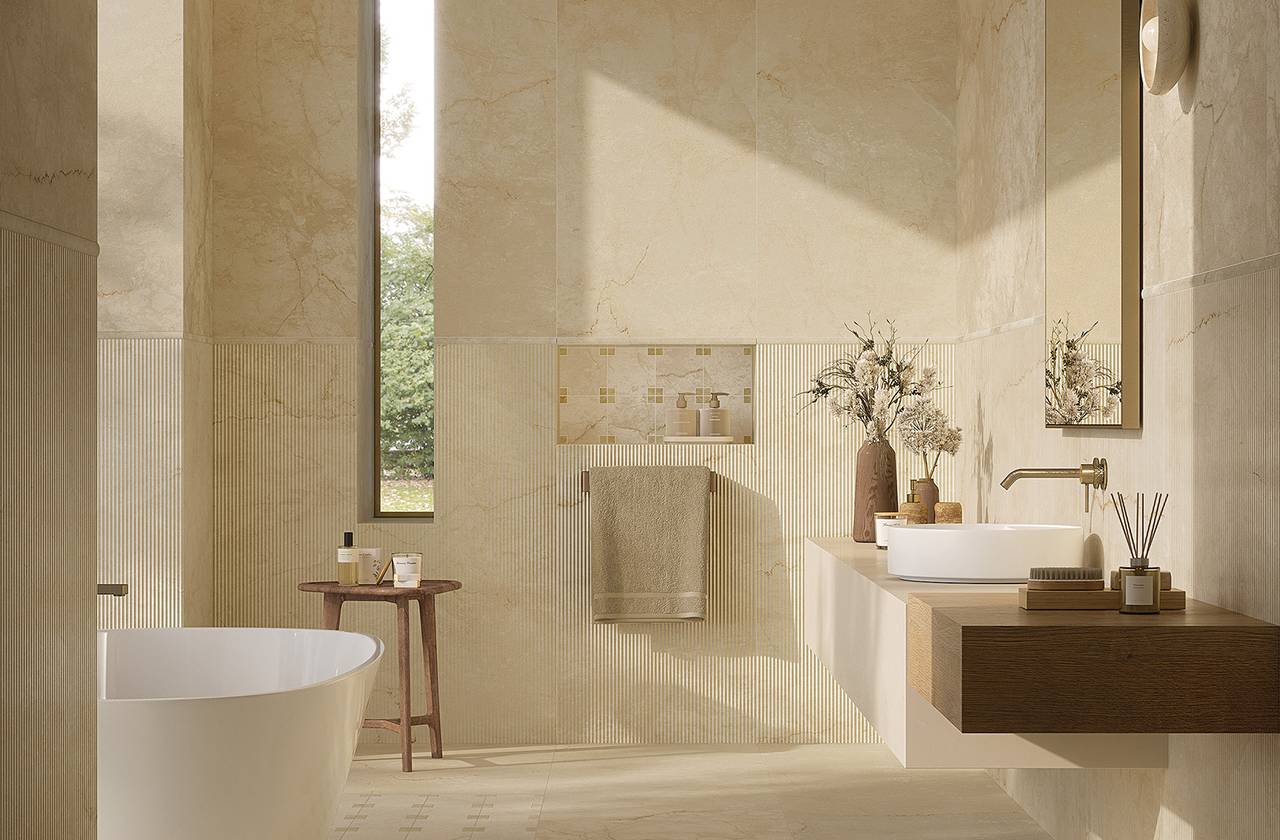 Room view Bathroom, created with tiles from the collection: DESERT – Beige