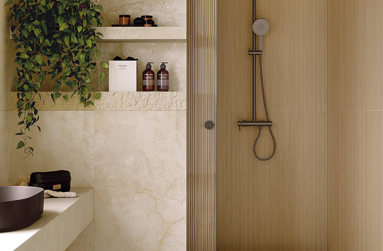 Room view Bathroom, created with tiles from the collection: DESERT – Beige, Brown