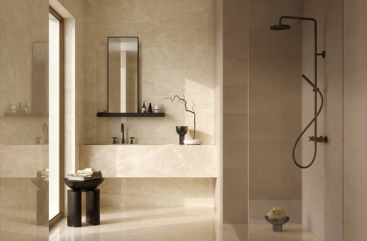 Room view Bathroom, created with tiles from the collection: OLTRE IL MARMO – Beige, Grey