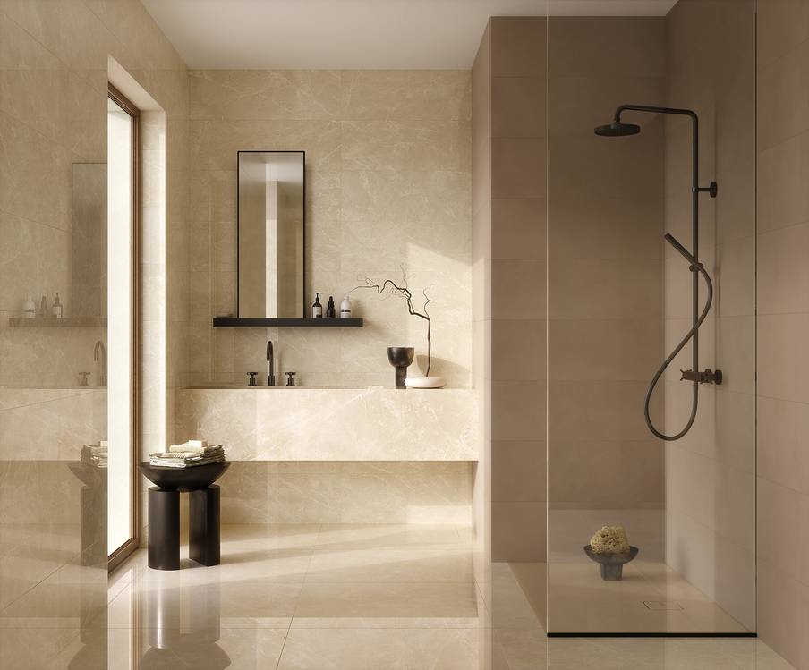 Room view Bathroom, created with tiles from the collection: OLTRE IL MARMO – Beige, Grey