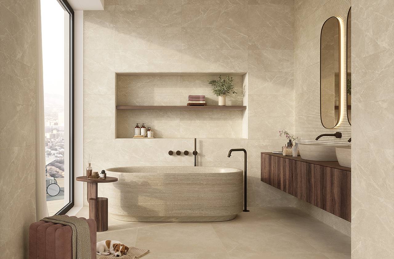 Room view Bathroom, created with tiles from the collection: OLTRE IL MARMO – Beige