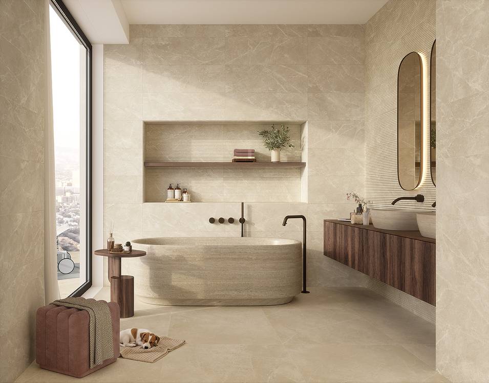 Room view Bathroom, created with tiles from the collection: OLTRE IL MARMO – Beige