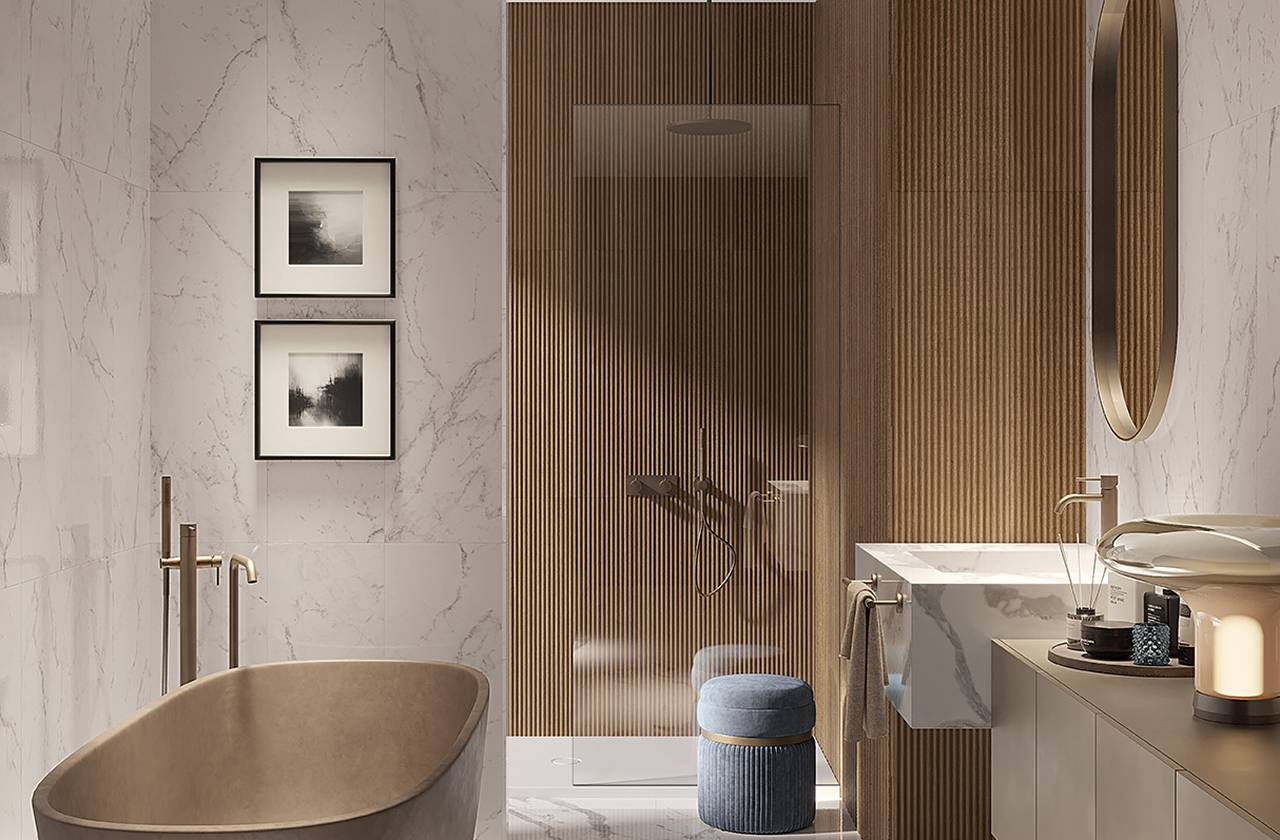 Room view Bathroom, created with tiles from the collection: OLTRE IL MARMO – White