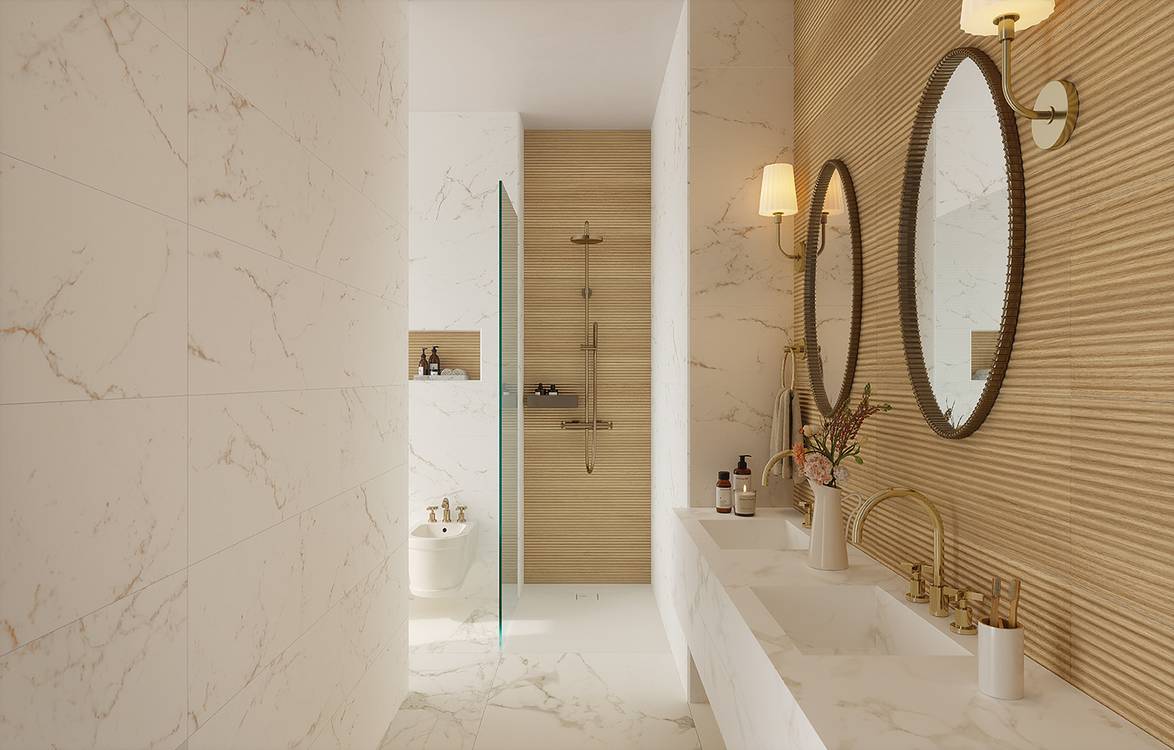 Room view Bathroom, created with tiles from the collection: OLTRE IL MARMO – White, Brown