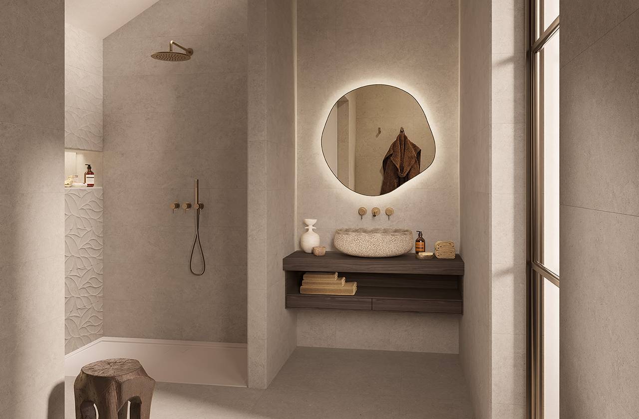 Room view Bathroom, created with tiles from the collection: OLTRE LA PIETRA – Grey