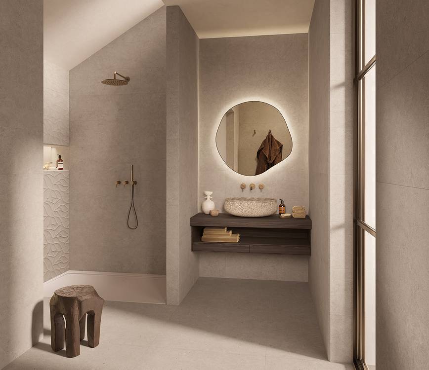 Room view Bathroom, created with tiles from the collection: OLTRE LA PIETRA – Grey