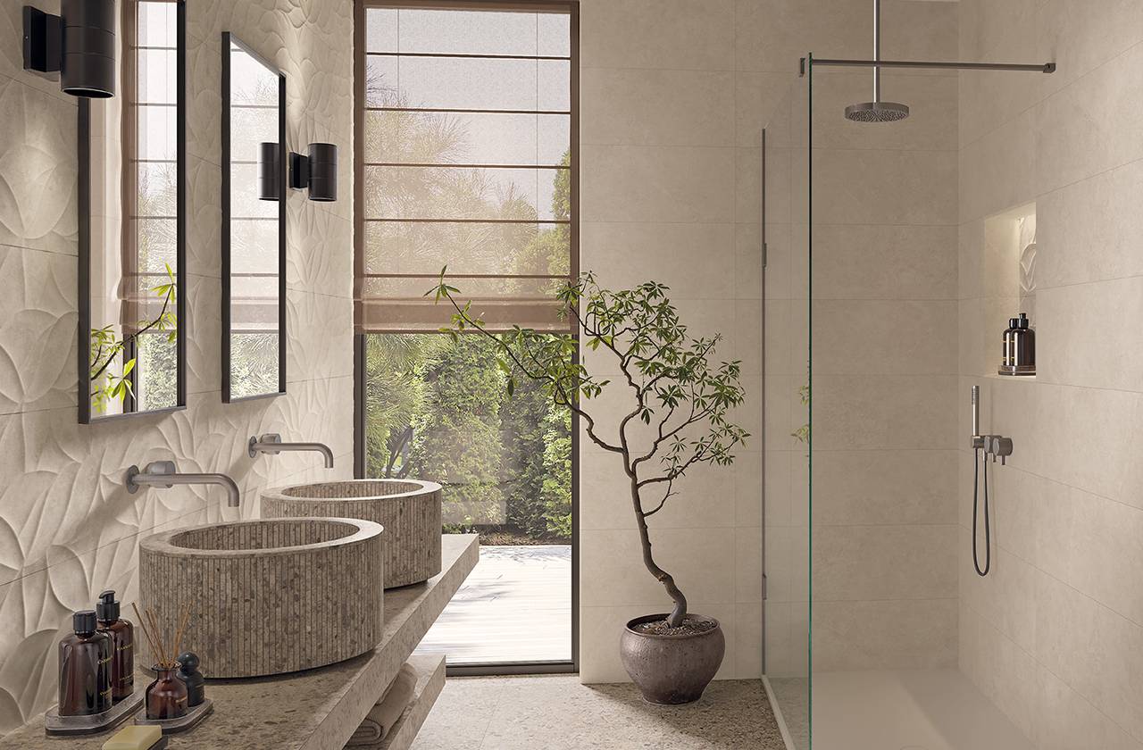 Room view Bathroom, created with tiles from the collection: OLTRE LA PIETRA – White, Grey