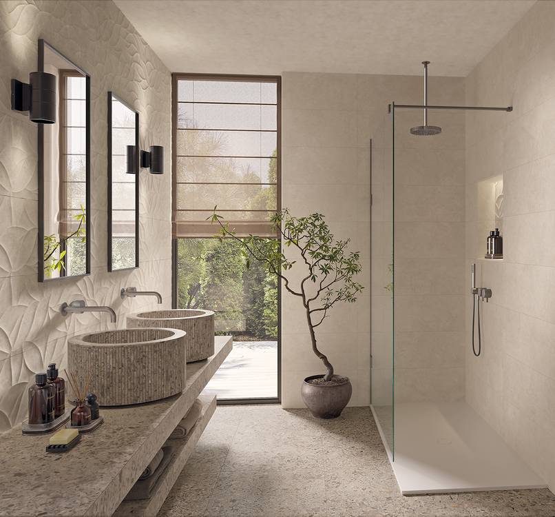Room view Bathroom, created with tiles from the collection: OLTRE LA PIETRA – White, Grey