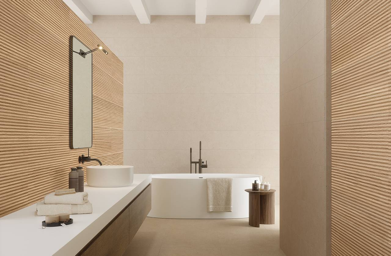 Room view Bathroom, created with tiles from the collection: OLTRE LA PIETRA – Beige, Brown