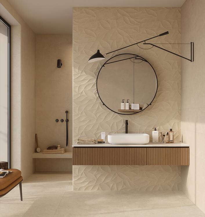 Room view Bathroom, created with tiles from the collection: OLTRE LA PIETRA – Beige