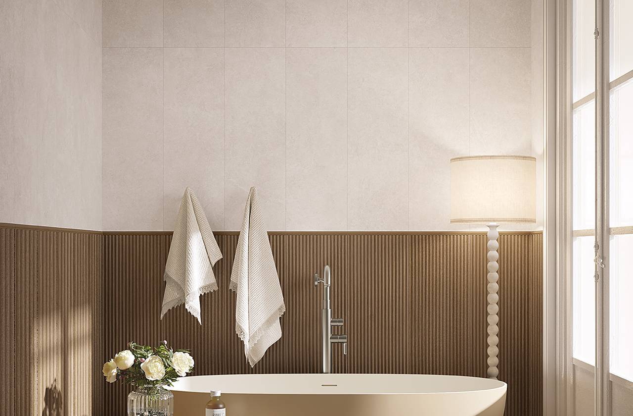 Room view Bathroom, created with tiles from the collection: OLTRE LA PIETRA – White, Brown