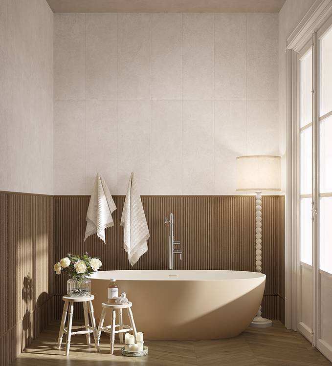 Room view Bathroom, created with tiles from the collection: OLTRE LA PIETRA – White, Brown