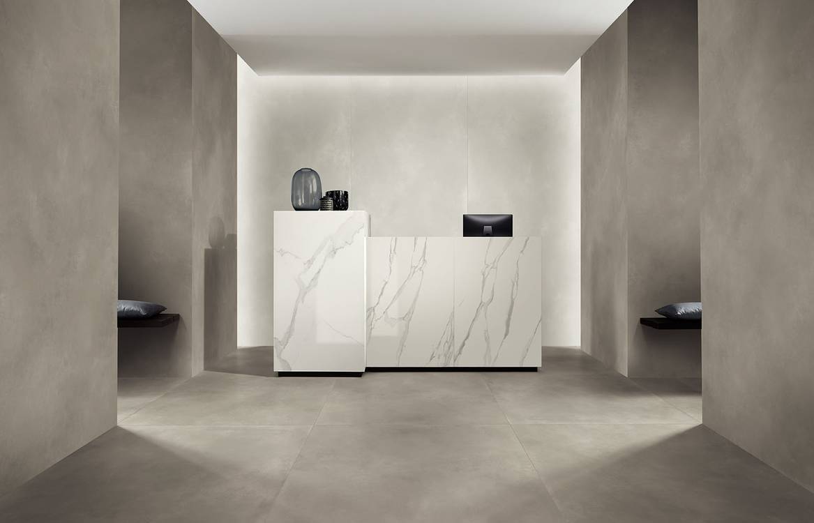 Room view , created with tiles from the collection: FAP MAXXI 120x278 – White, Grey