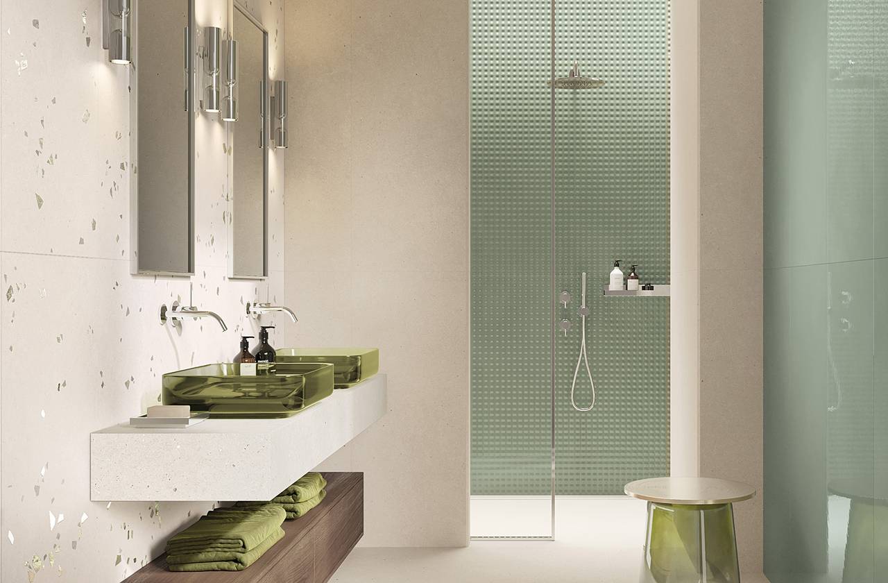 Room view Bathroom, created with tiles from the collection: MATERIA PURA wall tiles 50x120 – Other, White