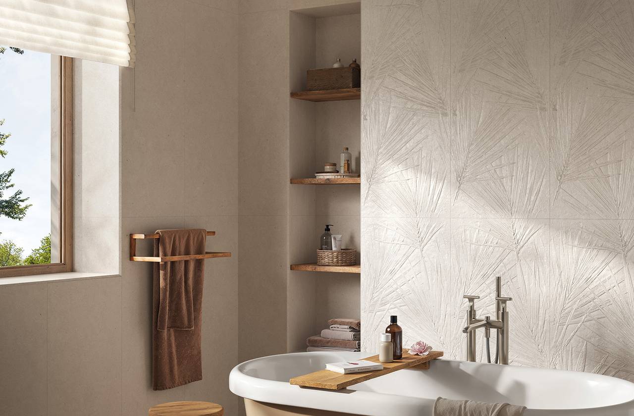 Room view Bathroom, created with tiles from the collection: MATERIA PURA porcelain tiles – White, Beige