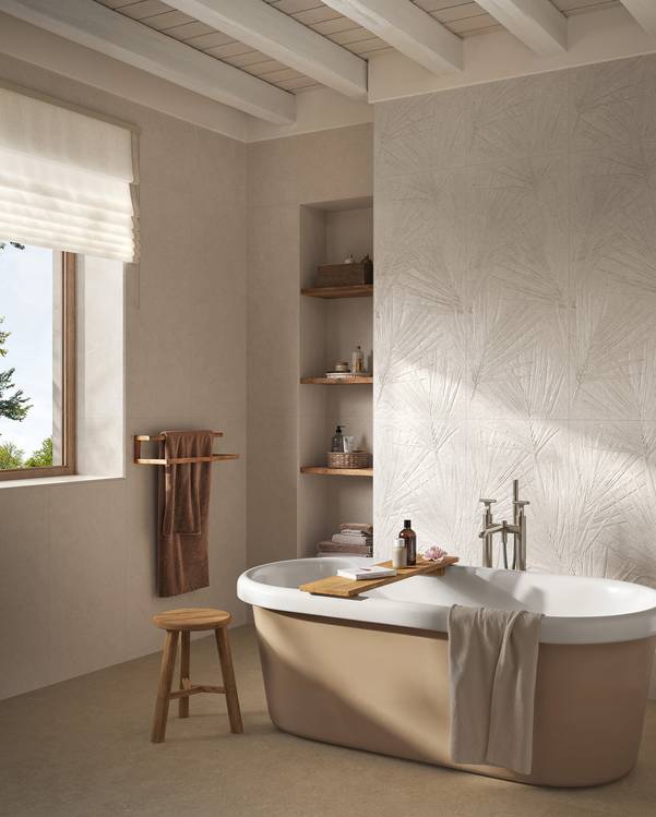 Room view Bathroom, created with tiles from the collection: MATERIA PURA wall tiles 50x120 – White, Beige