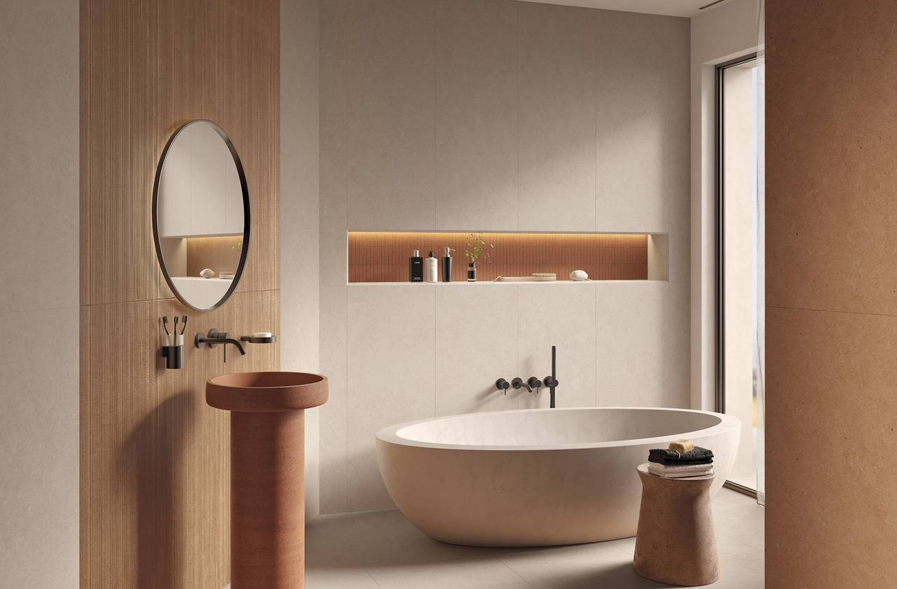 Room view Bathroom, created with tiles from the collection: MATERIA PURA wall tiles 50x120 – Other, Grey