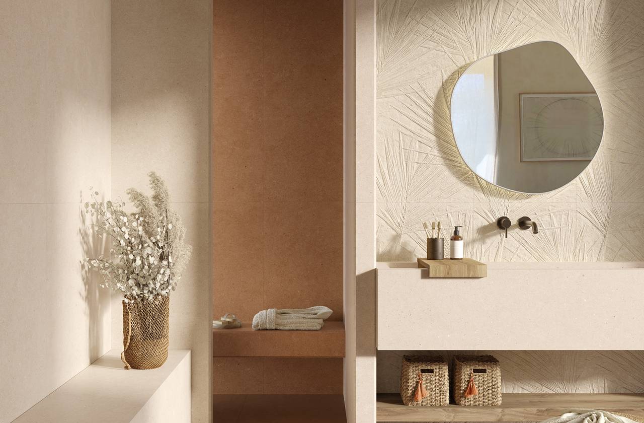 Room view Bathroom, created with tiles from the collection: MATERIA PURA porcelain tiles – Beige, Other
