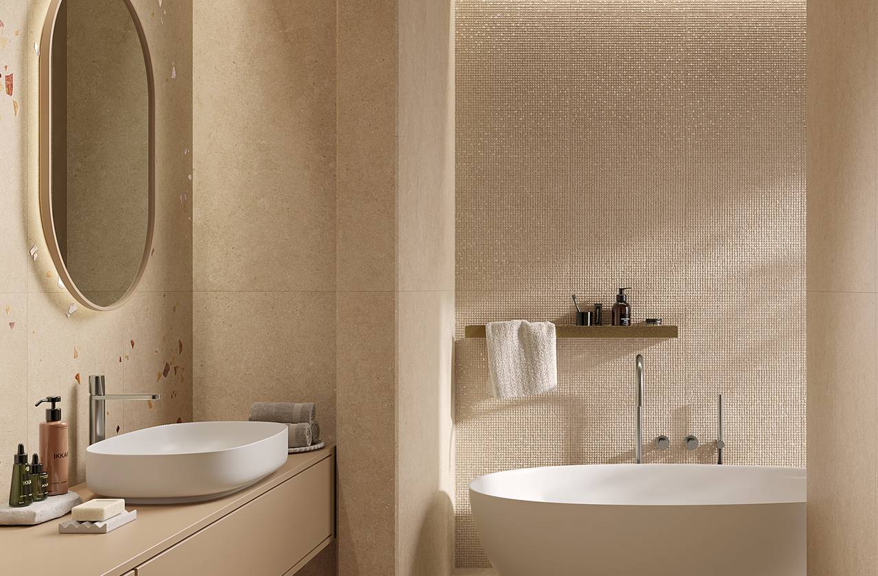Room view Bathroom, created with tiles from the collection: MATERIA PURA wall tiles 50x120 – Beige