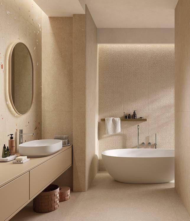 Room view Bathroom, created with tiles from the collection: MATERIA PURA wall tiles 50x120 – Beige