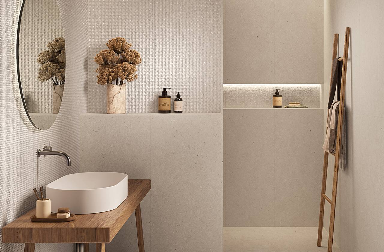 Room view Bathroom, created with tiles from the collection: MATERIA PURA wall tiles 50x120 – White