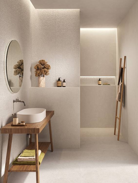 Room view Bathroom, created with tiles from the collection: MATERIA PURA wall tiles 50x120 – White