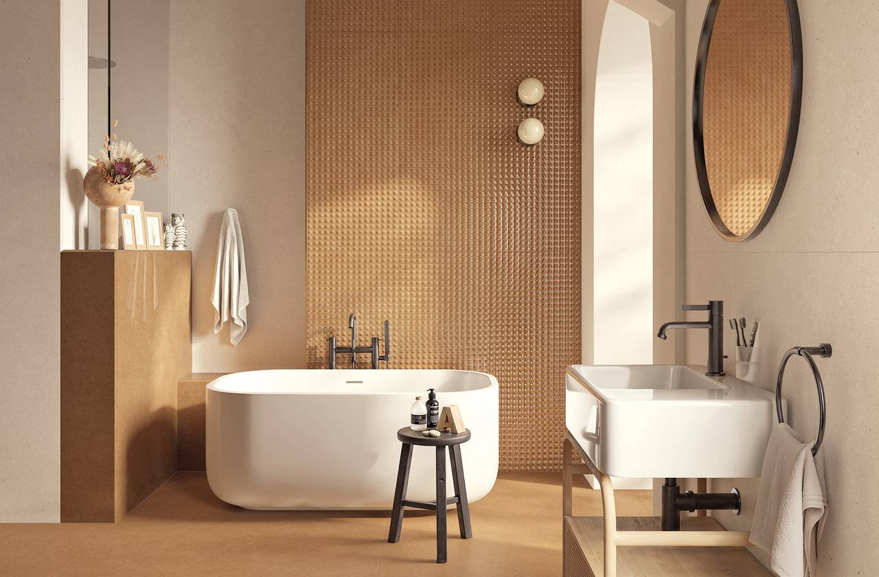 Room view Bathroom, created with tiles from the collection: MATERIA PURA porcelain tiles – Beige, Other