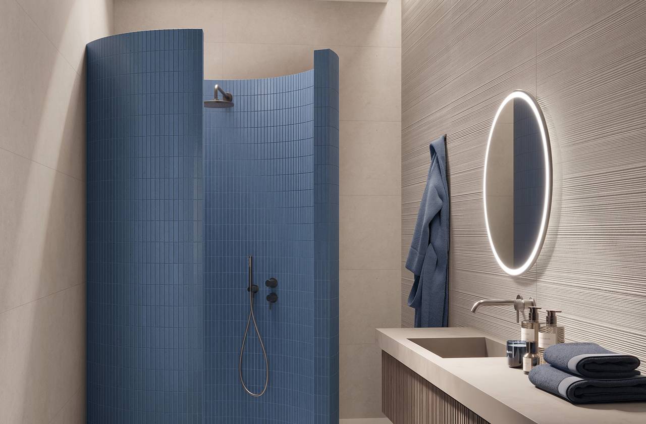 Room view Bathroom, created with tiles from the collection: MATERIA PURA wall tiles 50x120 – Grey, Other