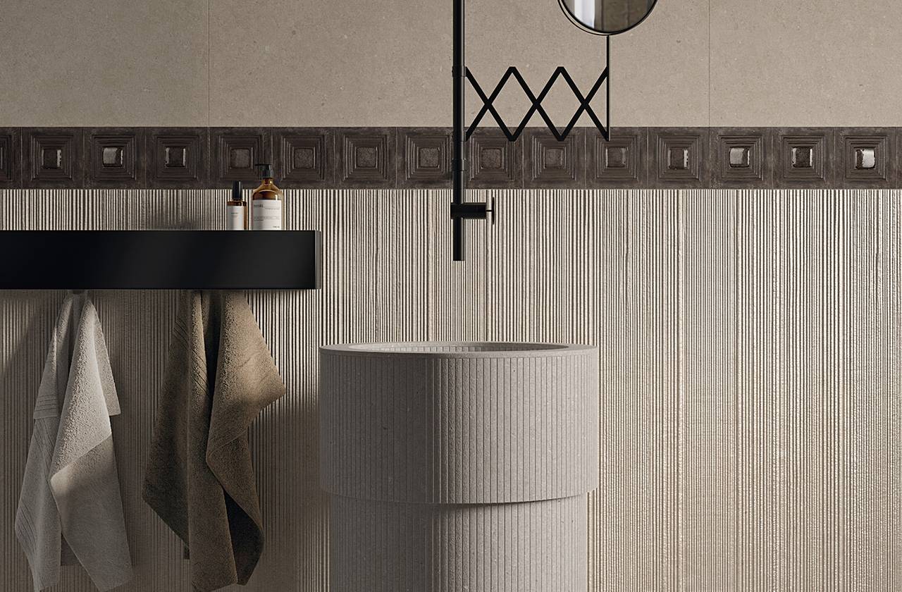 Room view Bathroom, created with tiles from the collection: MATERIA PURA wall tiles 50x120 – Grey